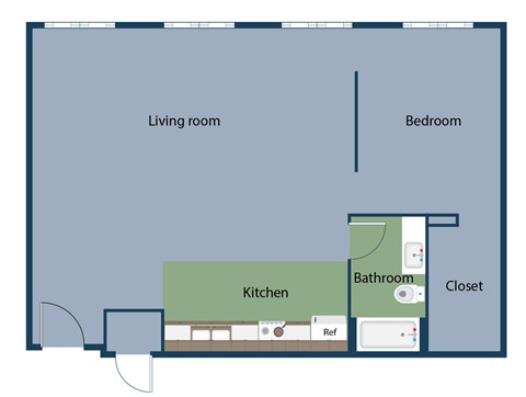 A floor plan of a small apartment with a living room, kitchen, bathroom, and bedroom.